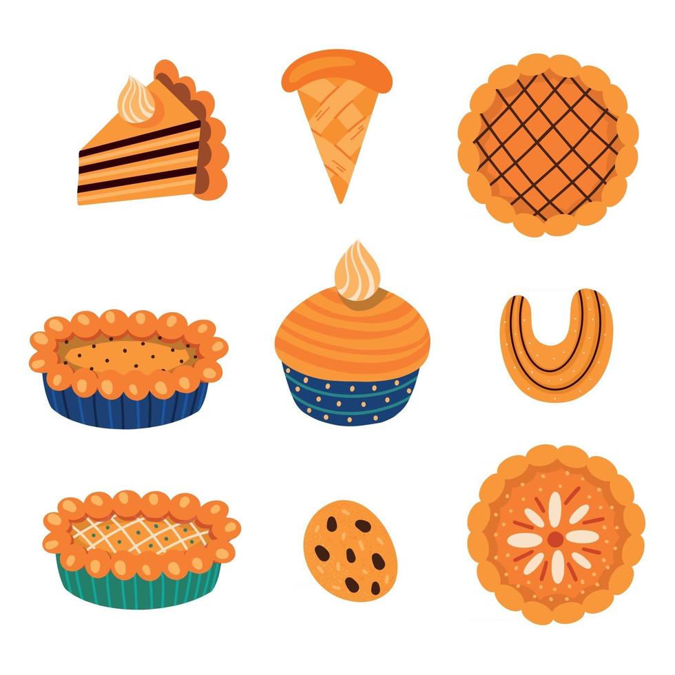 Colección de ilustraciones vectoriales de varios tipos de pasteles dulces otoñales tradicionales con elementos de hojas y setas para la celebración de acción de gracias aislado sobre fondo blanco. vector
