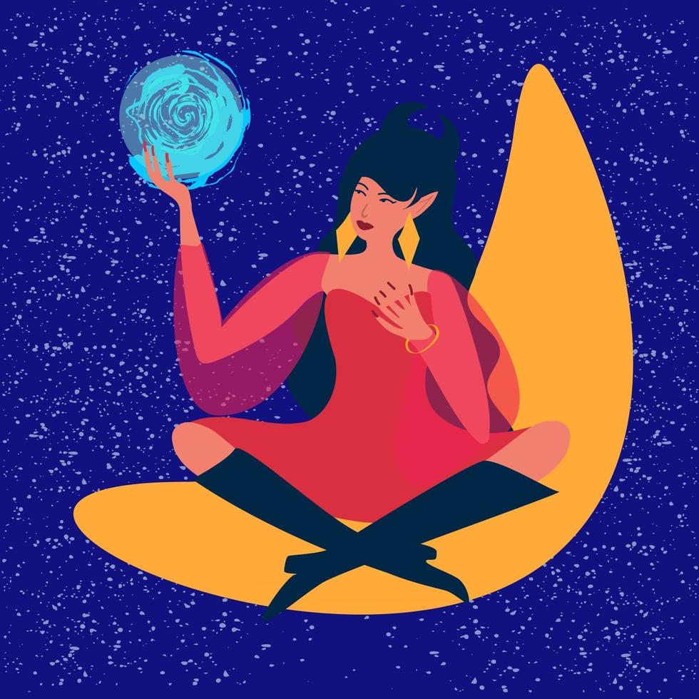 A young beautiful witch holds a crystal ball in her hands, predicts the future. The Oracle sits on the moon. Divination, astrology, mysticism, predictions. vector