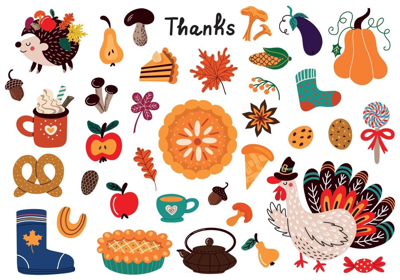 Collection of colorful vector illustrations of various types of food with turkey and autumnal decorations for traditional Thanksgiving celebration concept designs