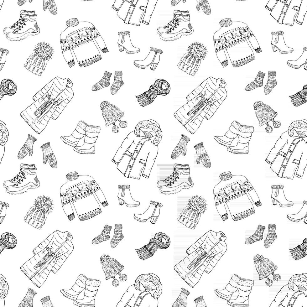 Winter season doodle clothes seamless pattern. Hand drawn sketch elements warm socks, gloves and hats. striped vector background illustration.