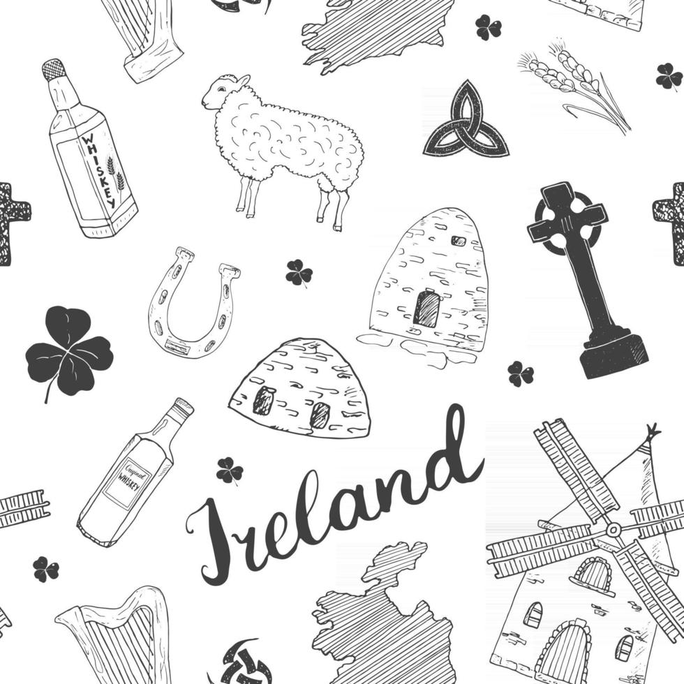 Ireland Sketch Doodles Seamless Pattern. Irish Elements with flag and map of Ireland, Celtic Cross, Castle, Shamrock, Celtic Harp, Mill and Sheep, Whiskey Bottles and Irish Beer, Vector Illustration
