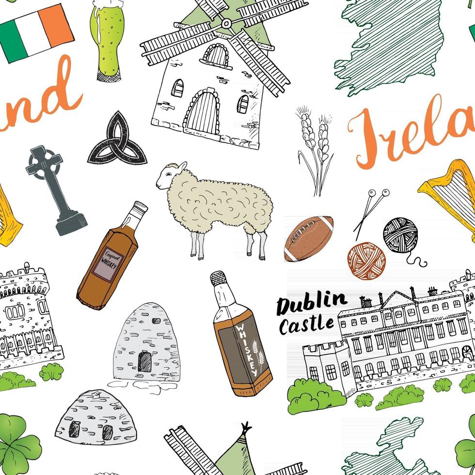 Irlanda bosquejo garabatos de patrones sin fisuras. elementos irlandeses con bandera y mapa de irlanda, cruz celta, castillo, trébol, arpa celta, molino y oveja, botellas de whisky y cerveza irlandesa, ilustración vectorial vector