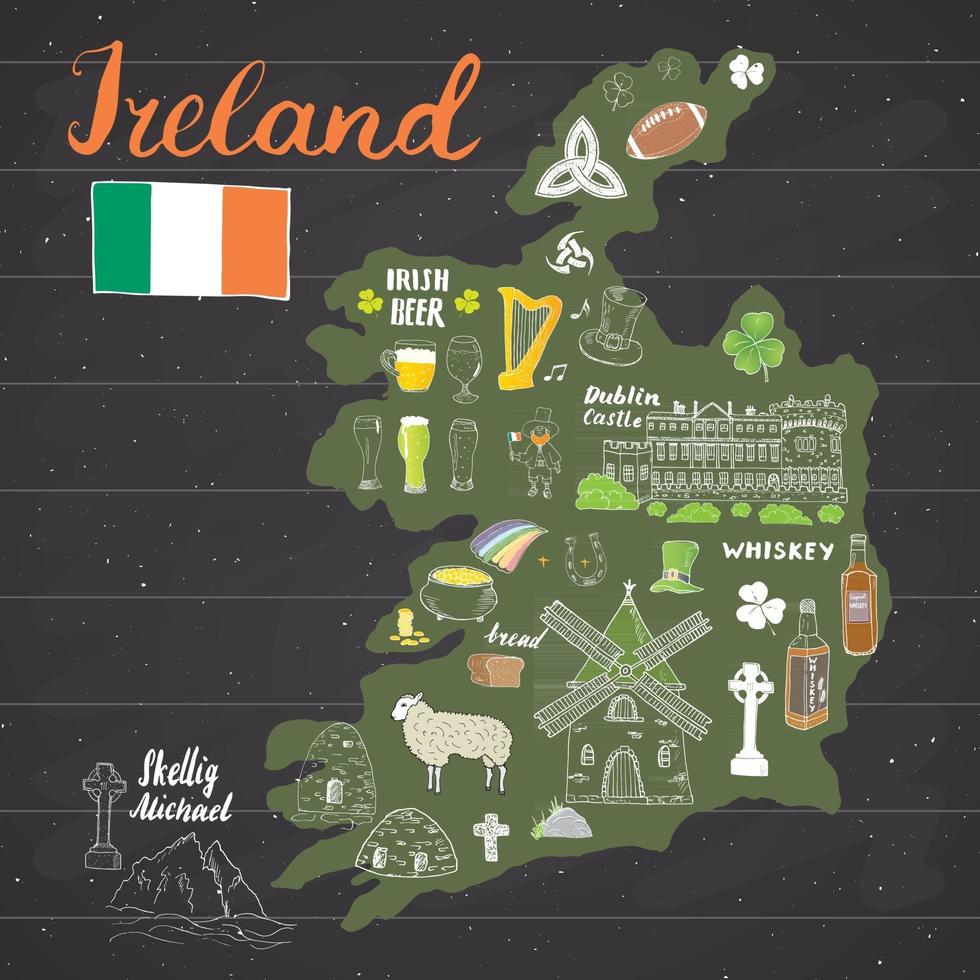 Ireland Sketch Doodles. Hand Drawn Irish Elements Set with flag and map of Ireland, Celtic Cross, Castle, Shamrock, Celtic Harp, Mill and Sheep, Whiskey Bottles and Irish Beer, Vector Illustration