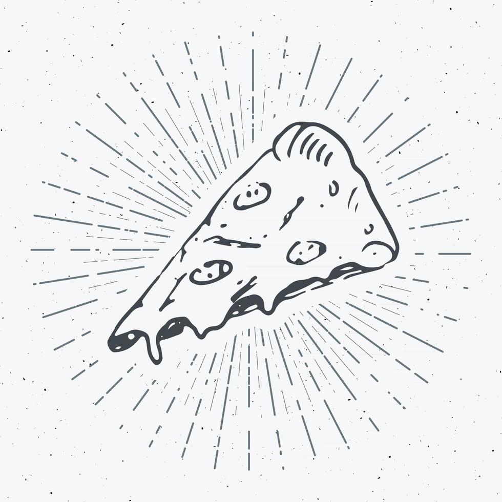 etiqueta vintage de rebanada de pizza, boceto dibujado a mano, insignia retro con textura grunge, estampado de camiseta de diseño de tipografía, ilustración vectorial vector