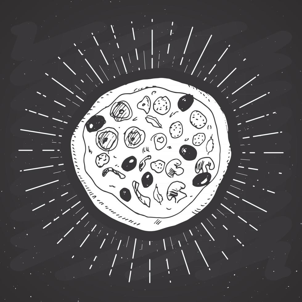 etiqueta vintage de pizza, boceto dibujado a mano, insignia retro con textura grunge, estampado de camiseta de diseño de tipografía, ilustración vectorial vector