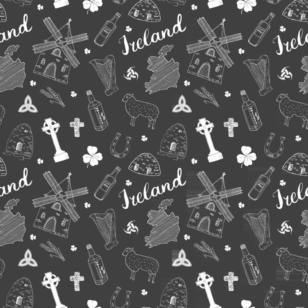 Ireland Sketch Doodles Seamless Pattern. Irish Elements with flag and map of Ireland, Celtic Cross, Castle, Shamrock, Celtic Harp, Mill and Sheep, Whiskey Bottles and Irish Beer, Vector Illustration