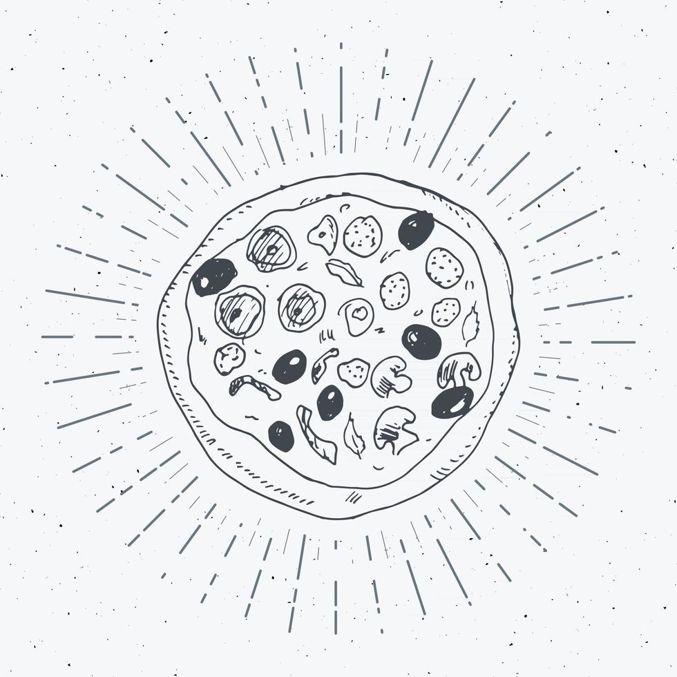 etiqueta vintage de pizza, boceto dibujado a mano, insignia retro con textura grunge, estampado de camiseta de diseño de tipografía, ilustración vectorial vector