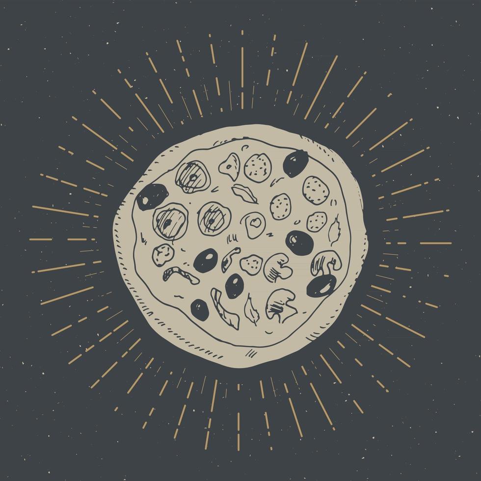 etiqueta vintage de pizza, boceto dibujado a mano, insignia retro con textura grunge, estampado de camiseta de diseño de tipografía, ilustración vectorial vector