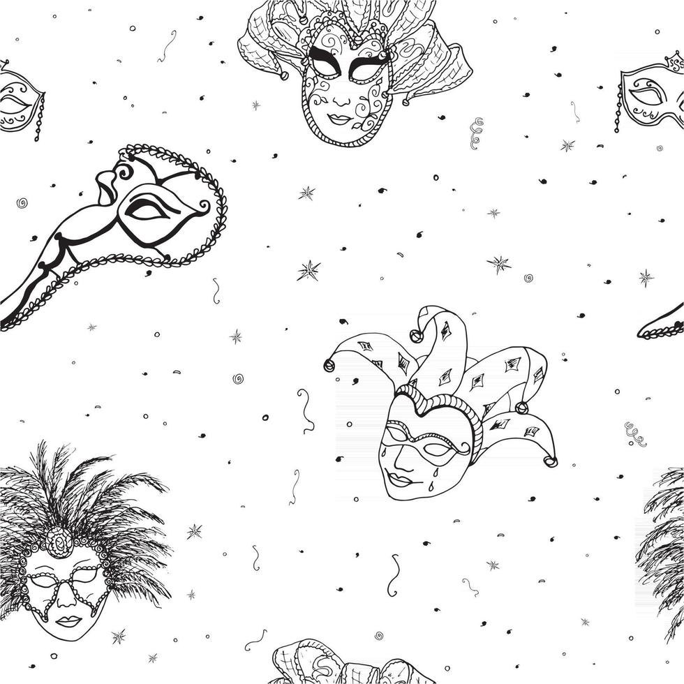 Venice Italy carnival masks seamless pattern. Hand drawn sketch Italian Venetian festival. Doodle Drawing background. vector