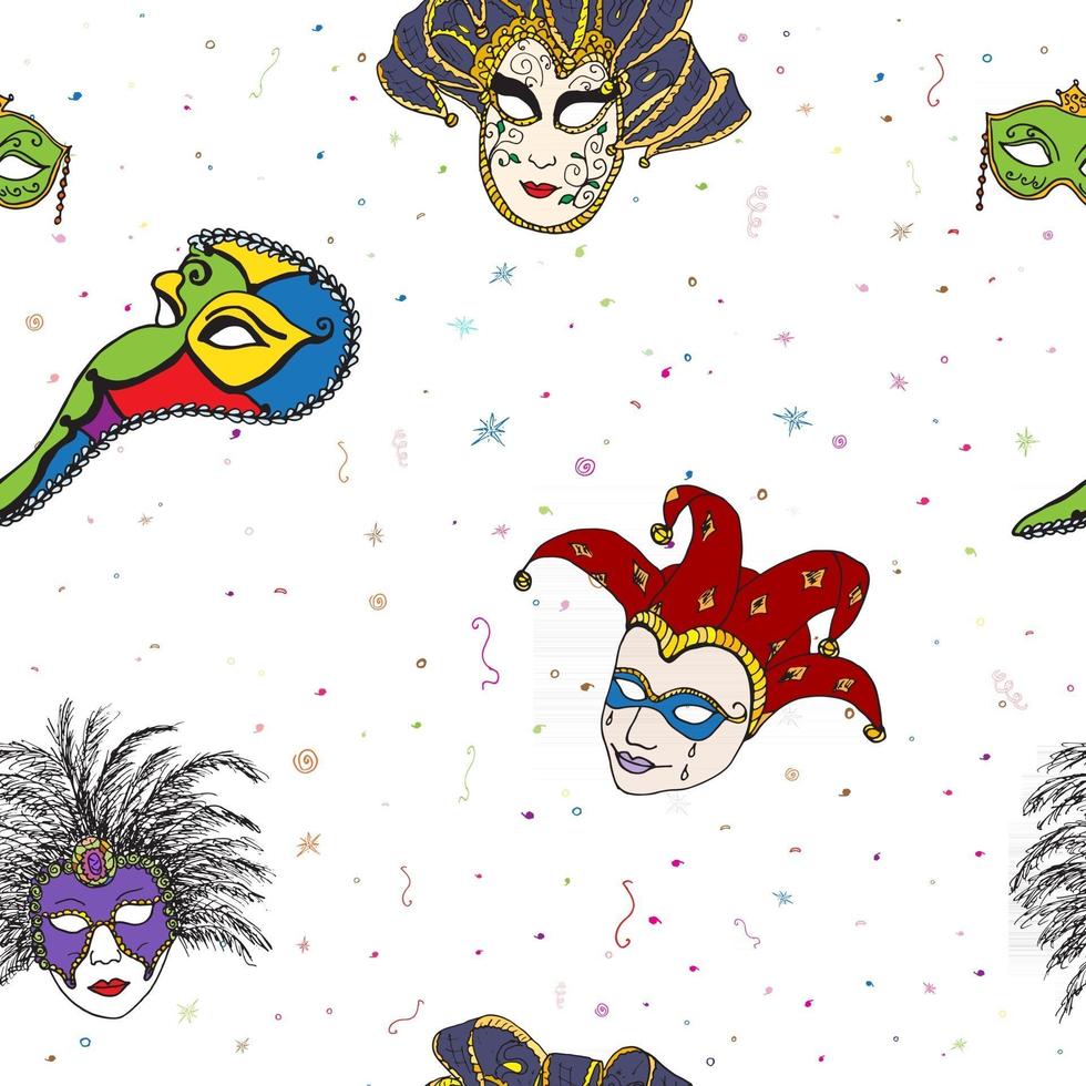 Venice Italy carnival masks seamless pattern. Hand drawn sketch Italian Venetian festival. Doodle Drawing background. vector