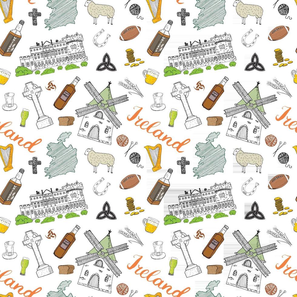 Ireland Sketch Doodles Seamless Pattern. Irish Elements with flag and map of Ireland, Celtic Cross, Castle, Shamrock, Celtic Harp, Mill and Sheep, Whiskey Bottles and Irish Beer, Vector Illustration