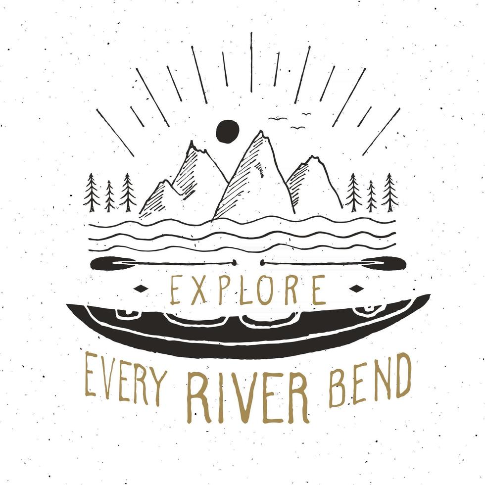 Etiqueta vintage de kayak y canoa, boceto dibujado a mano, insignia retro con textura grunge, estampado de camisetas con diseño de tipografía, ilustración vectorial vector