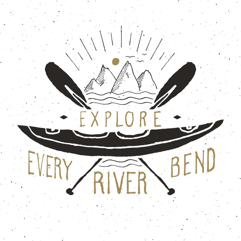 Kayak and canoe vintage label, Hand drawn sketch, grunge textured retro badge, typography design t-shirt print, vector illustration