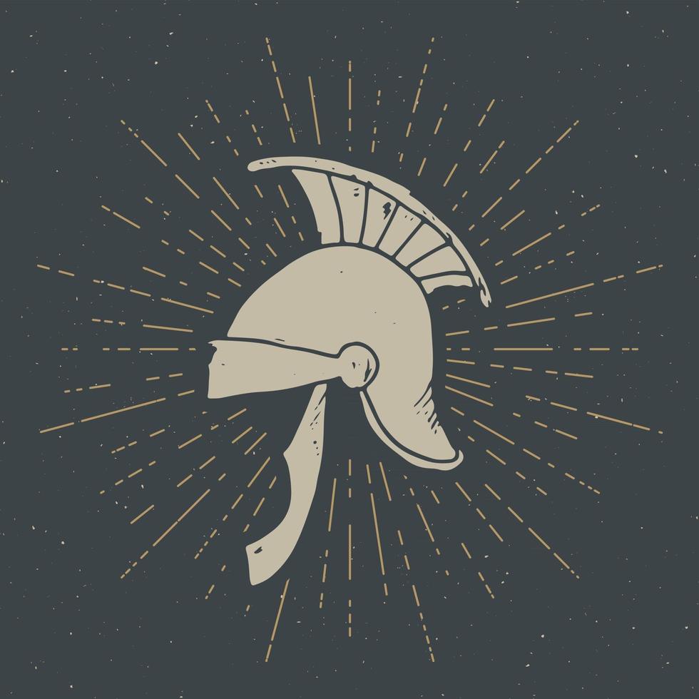 Ancient roman helmet vintage label, Hand drawn sketch, grunge textured retro badge, typography design t-shirt print, vector illustration