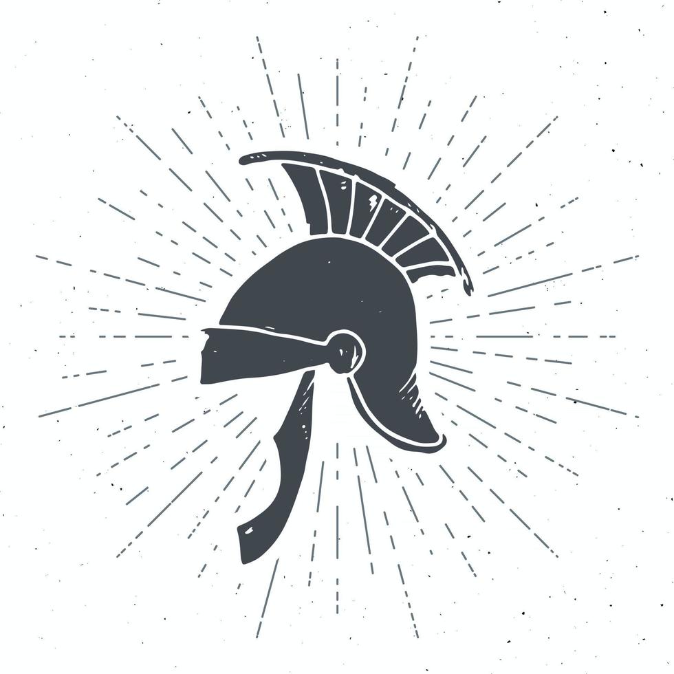 Etiqueta vintage de casco romano antiguo, boceto dibujado a mano, insignia retro con textura grunge, estampado de camiseta de diseño de tipografía, ilustración vectorial vector