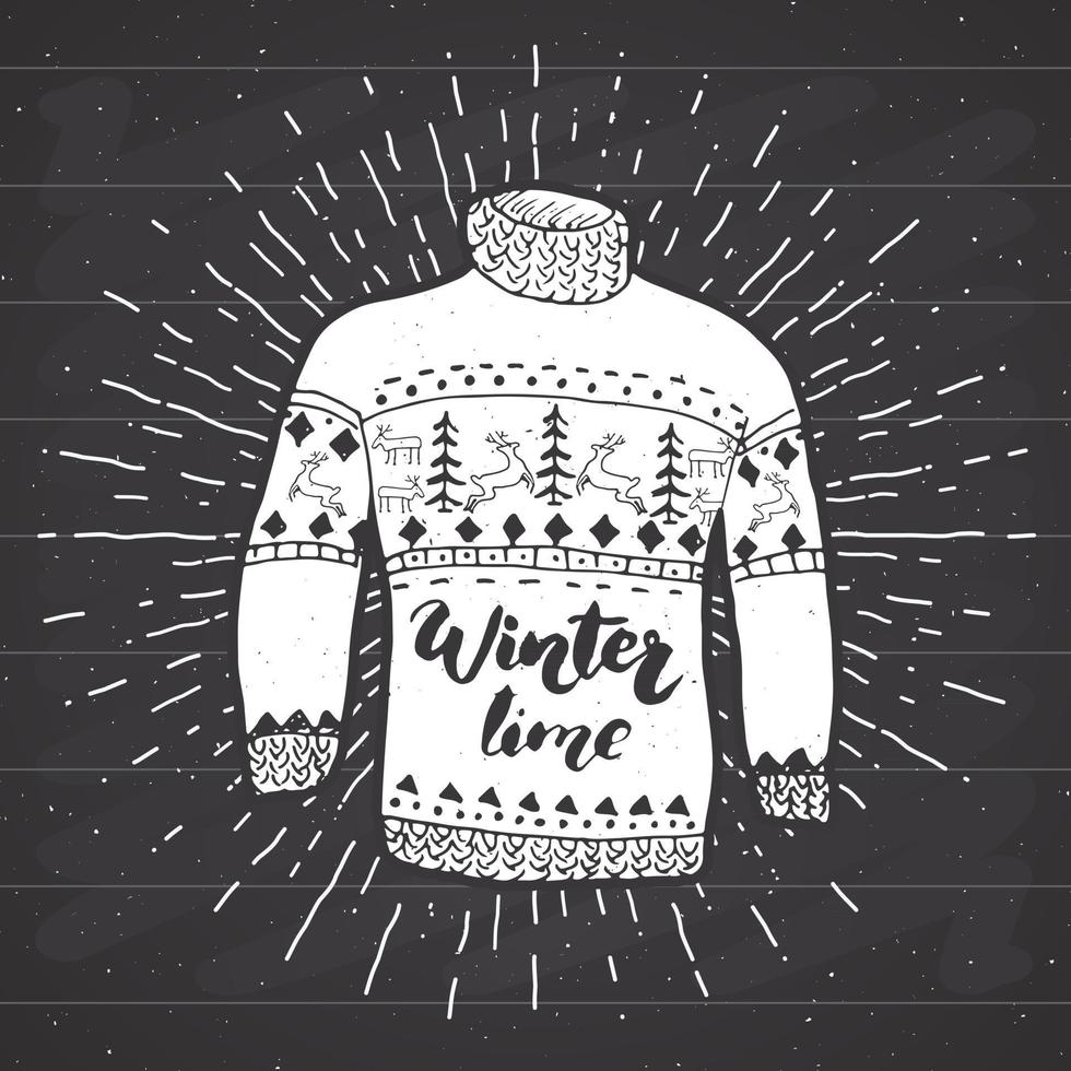 Vintage label, grunge textured Hand drawn retro badge or T-shirt typography design with raindeer sweater and lettering winter time vector illustration.