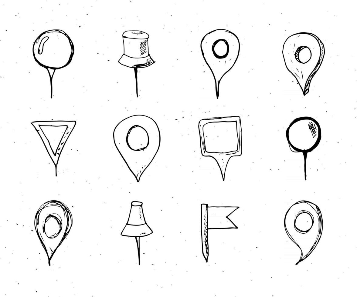 Map pointers hand drawn sketch set, navigation pins doodle vector illustration