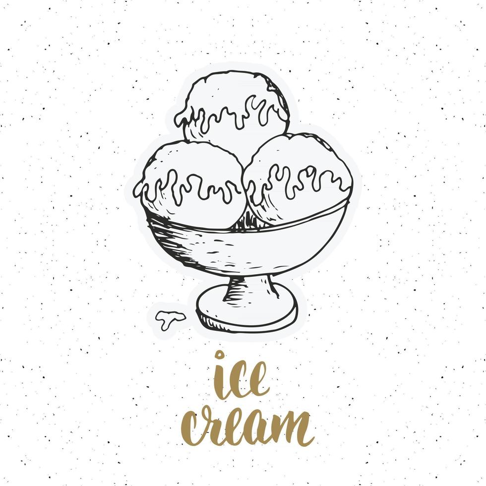 Ice cream sketch, Vintage label, Hand drawn grunge textured badge, retro logo template, typography design vector illustration.
