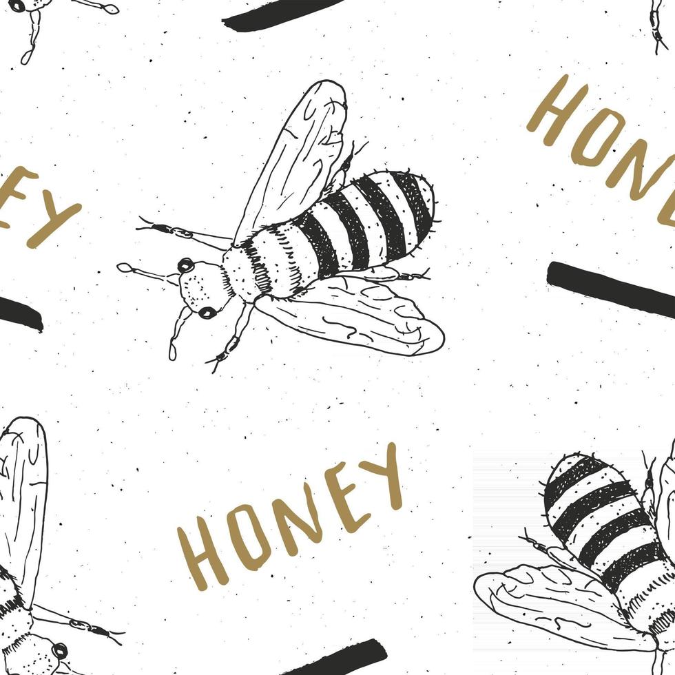 Bee hand drawn seamless pattern, monochrome background vector illustration