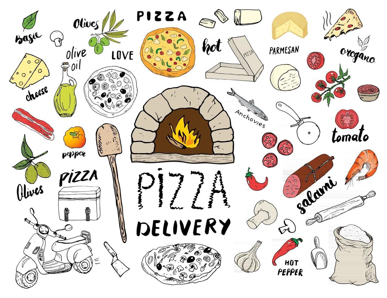 Menú de pizza conjunto de croquis dibujados a mano preparación de pizza y garabatos de entrega con harina y otros ingredientes alimentarios, utensilios de cocina y horno, scooter, plantilla de diseño de caja de pizza. ilustración vectorial vector