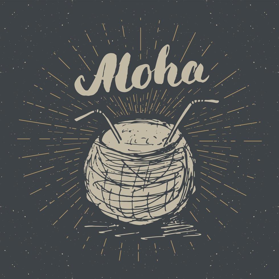 etiqueta vintage, coco dibujado a mano con letras aloha, plantilla de placa retro con textura grunge, ilustración de vector de diseño de tipografía
