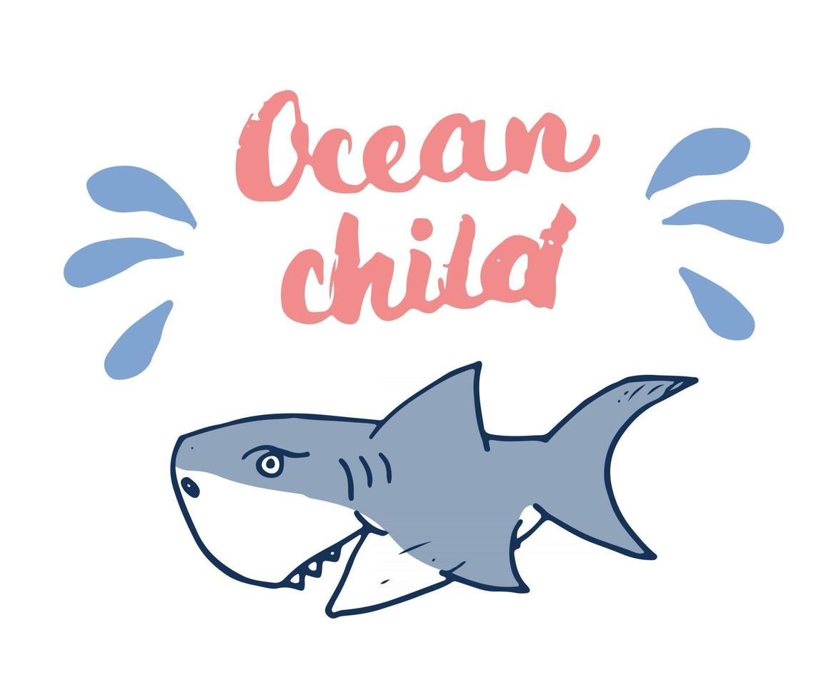 Cute Shark hand drawn sketch, T-shirt print design vector illustration