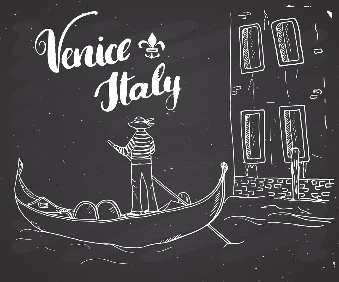 Venecia Italia boceto dibujado a mano doodle gondolero y letrero manuscrito de letras, texto caligráfico grunge. ilustración vectorial vector