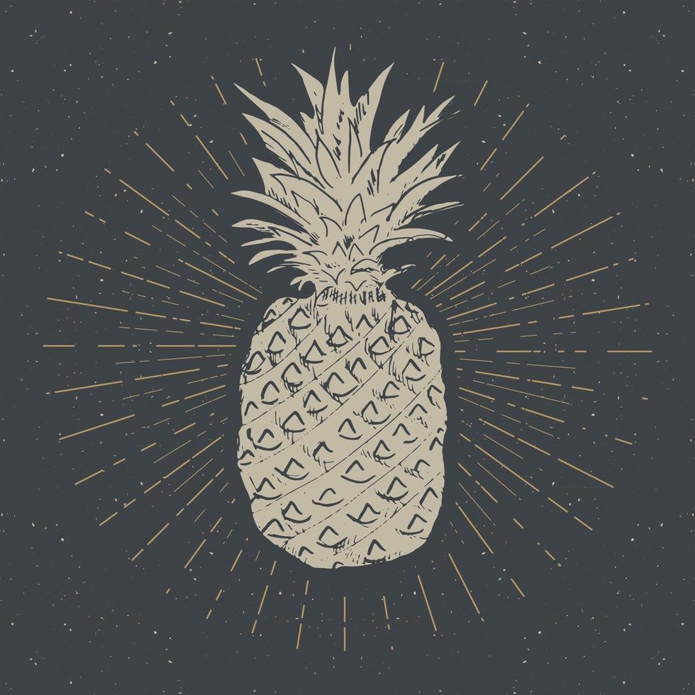 etiqueta vintage, piña dibujada a mano, plantilla de placa retro con textura grunge, ilustración de vector de diseño de tipografía