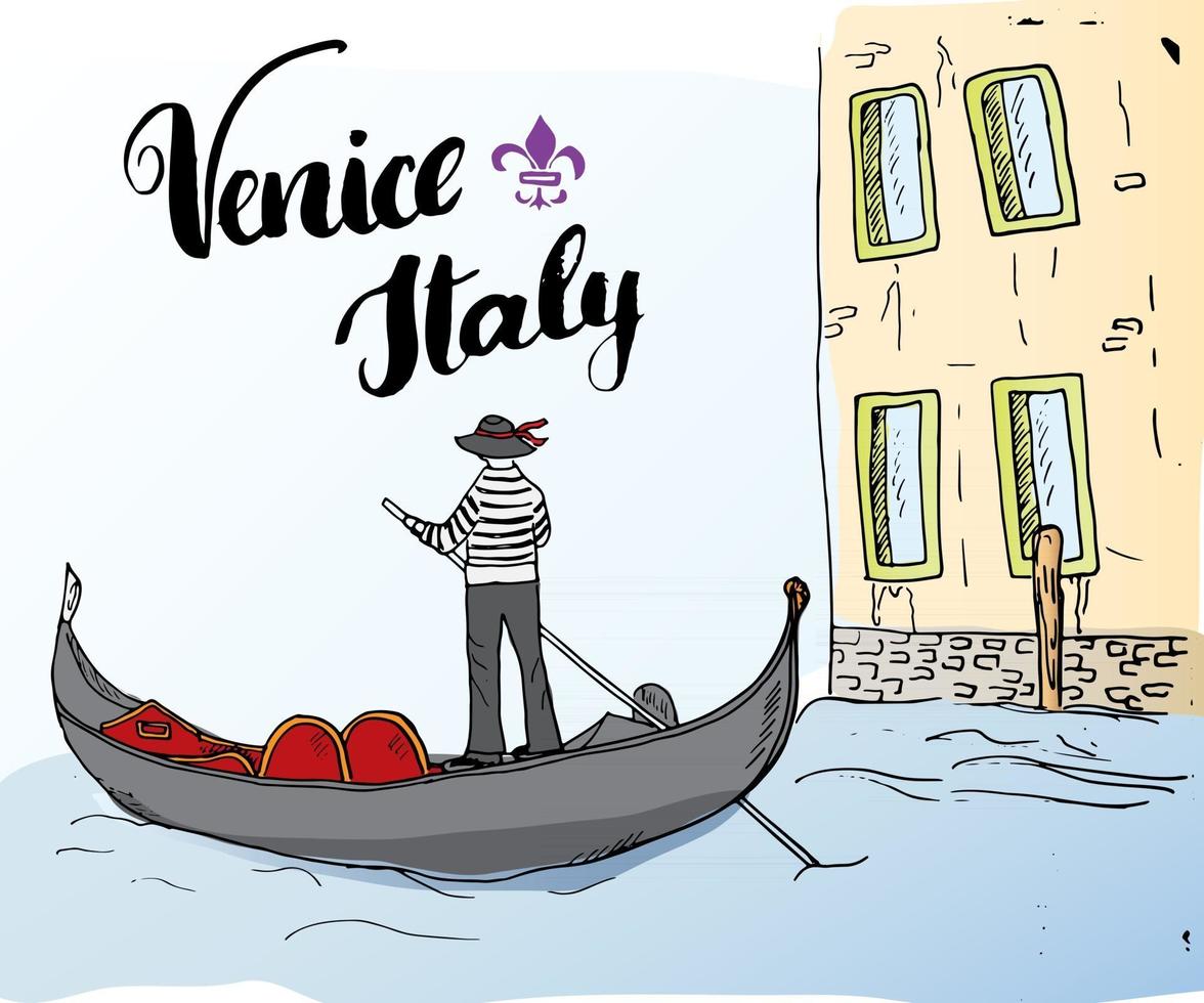 Venecia Italia boceto dibujado a mano doodle gondolero y letrero manuscrito de letras, texto caligráfico grunge. ilustración vectorial vector
