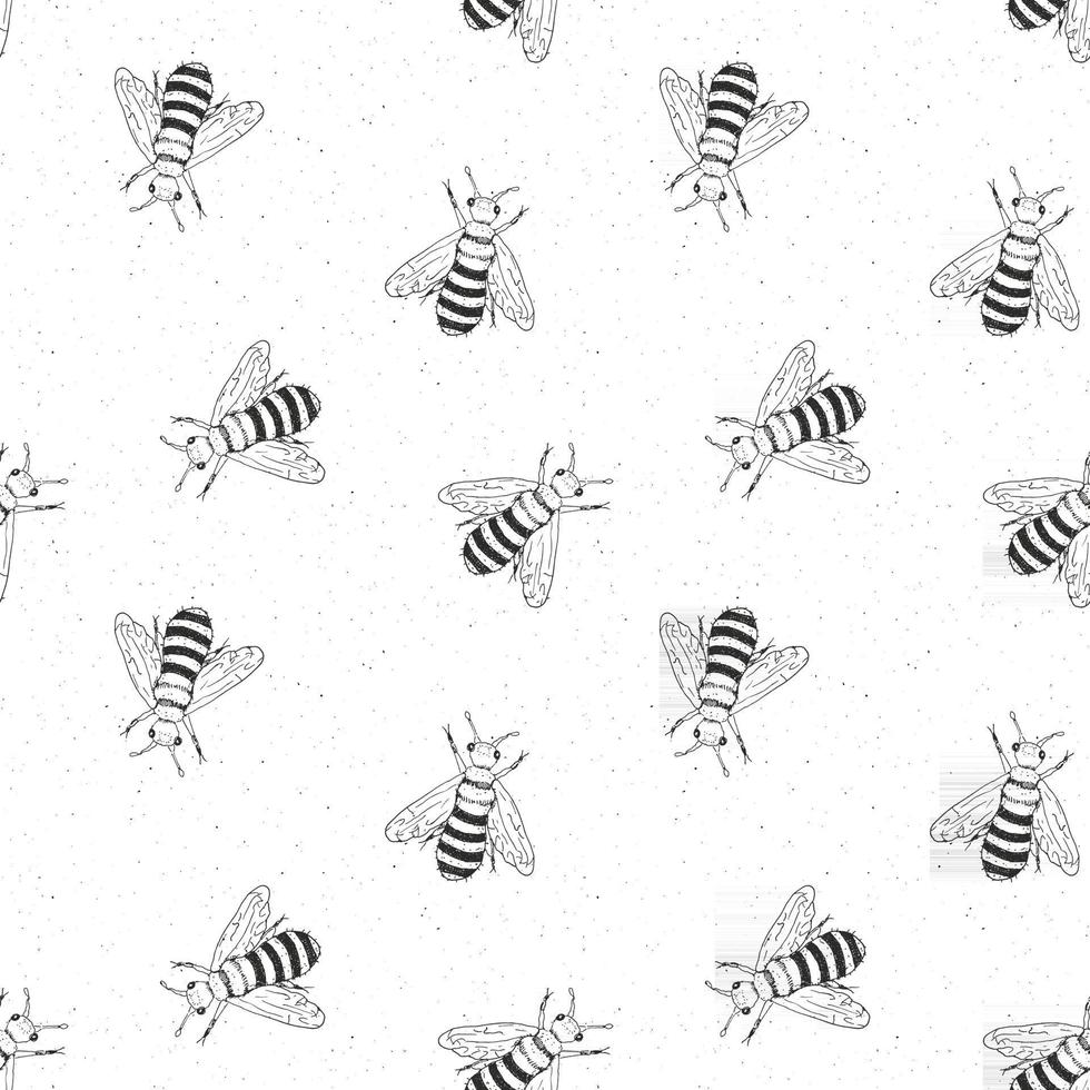 Bee hand drawn seamless pattern, monochrome background vector illustration