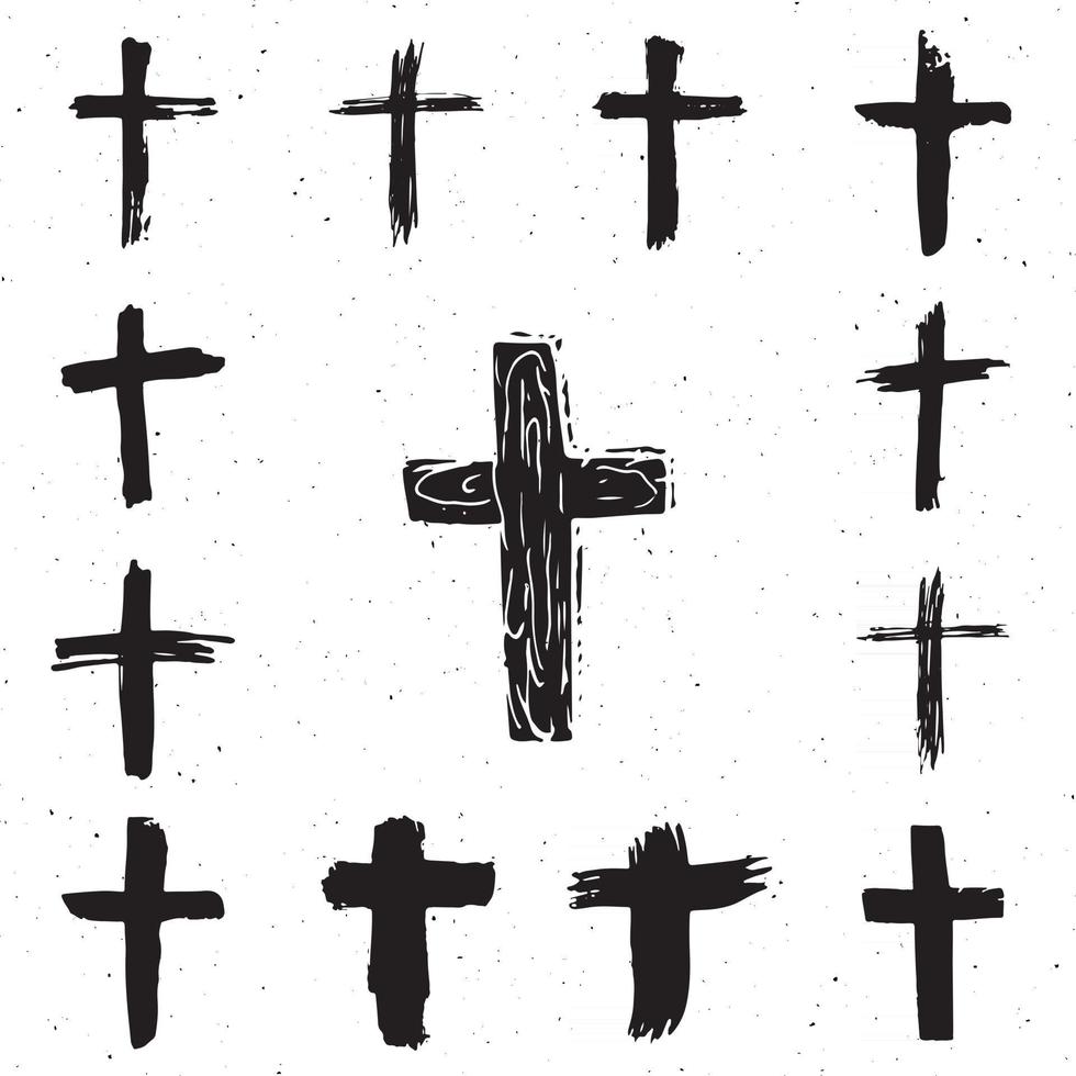 Grunge hand drawn cross symbols set. Christian crosses, religious signs icons, crucifix symbol vector illustration.