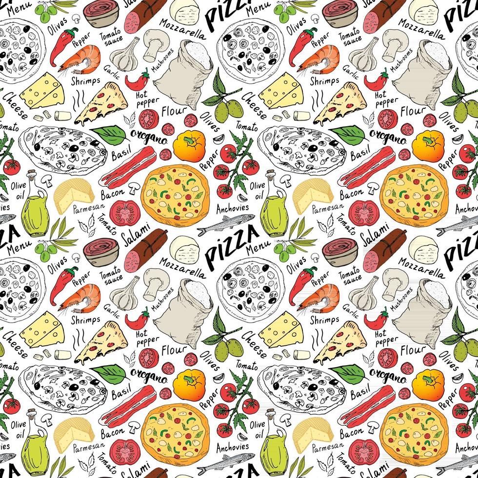 pizza de patrones sin fisuras boceto dibujado a mano. Fondo de comida de garabatos de pizza con harina y otros ingredientes alimentarios, horno y utensilios de cocina. ilustración vectorial vector