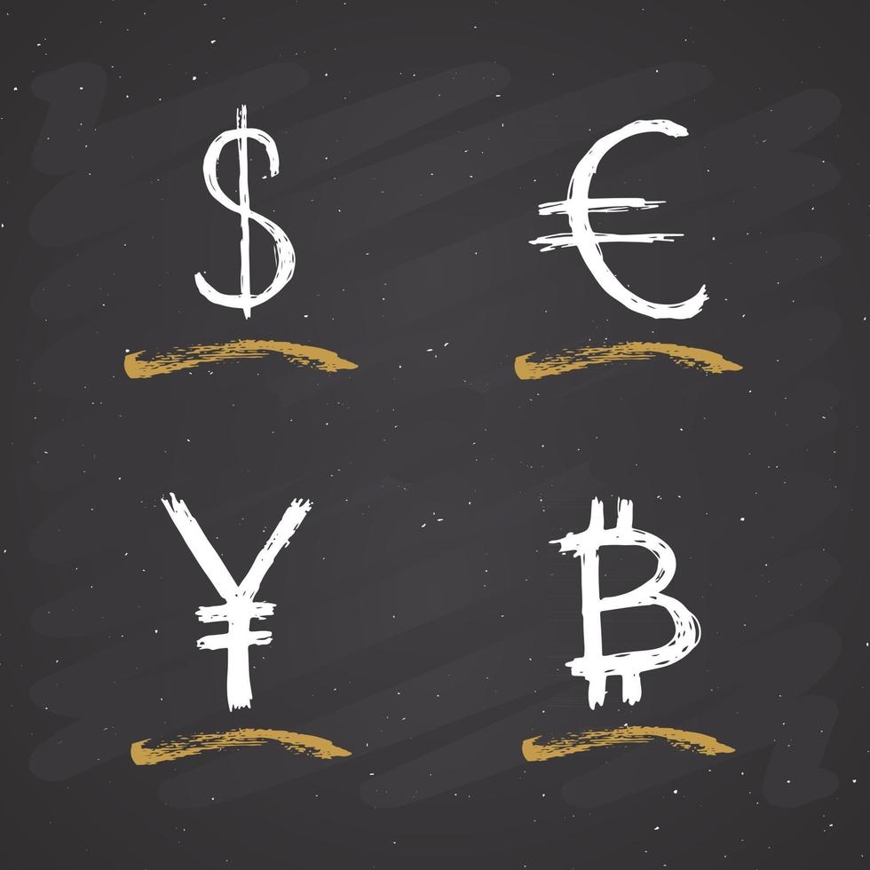 Dollar, Euro, Yen and Bitcoin sign icon brush lettering, Grunge calligraphic symbols, vector illustration