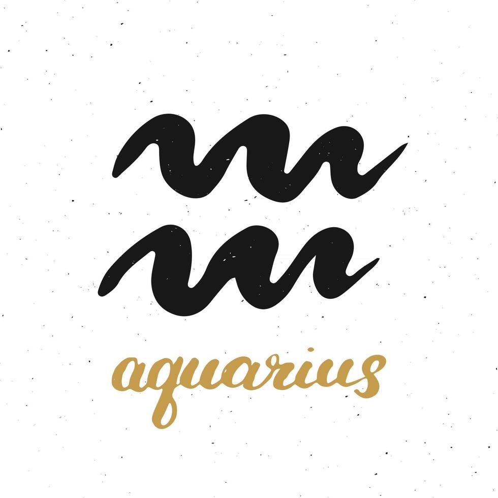 signo del zodíaco acuario y letras. Símbolo de astrología horóscopo dibujado a mano, diseño con textura grunge, tipografía impresa, ilustración vectorial vector