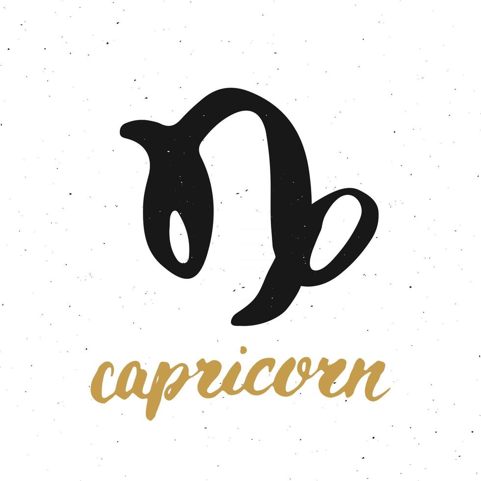 Zodiac sign Capricorn and lettering. Hand drawn horoscope astrology symbol, grunge textured design, typography print, vector illustration