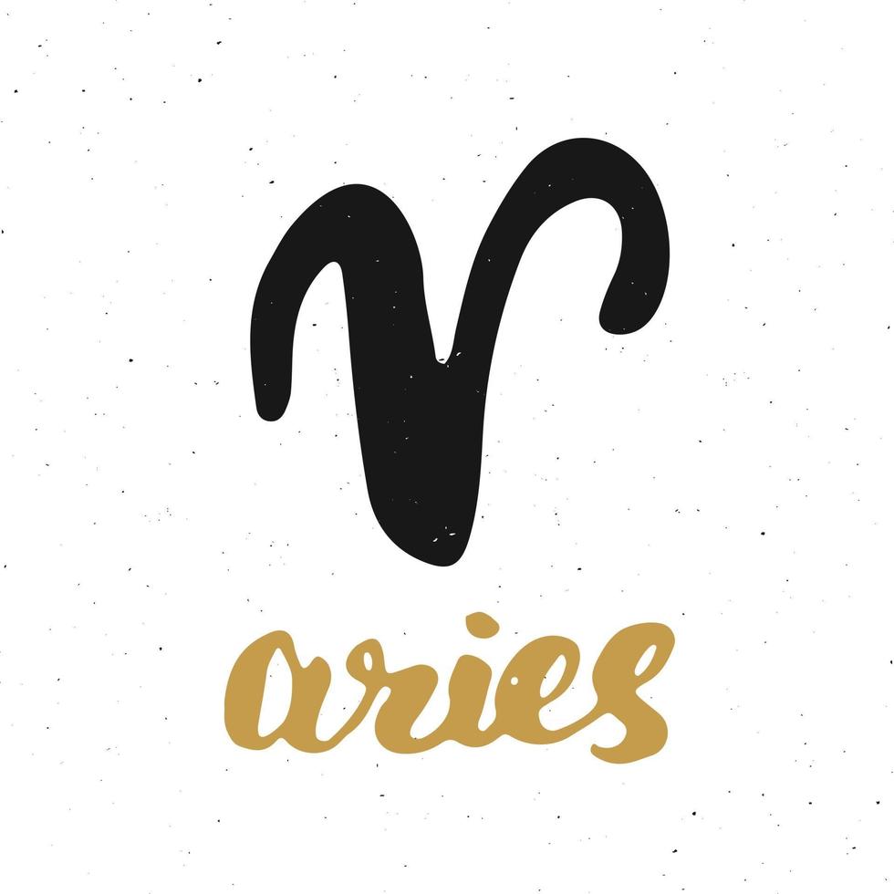 Zodiac sign Aries and lettering. Hand drawn horoscope astrology symbol, grunge textured design, typography print, vector illustration
