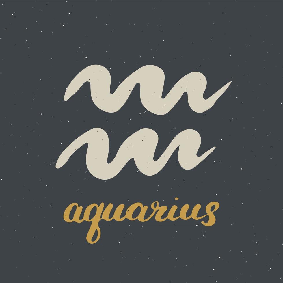 signo del zodíaco acuario y letras. Símbolo de astrología horóscopo dibujado a mano, diseño con textura grunge, tipografía impresa, ilustración vectorial vector