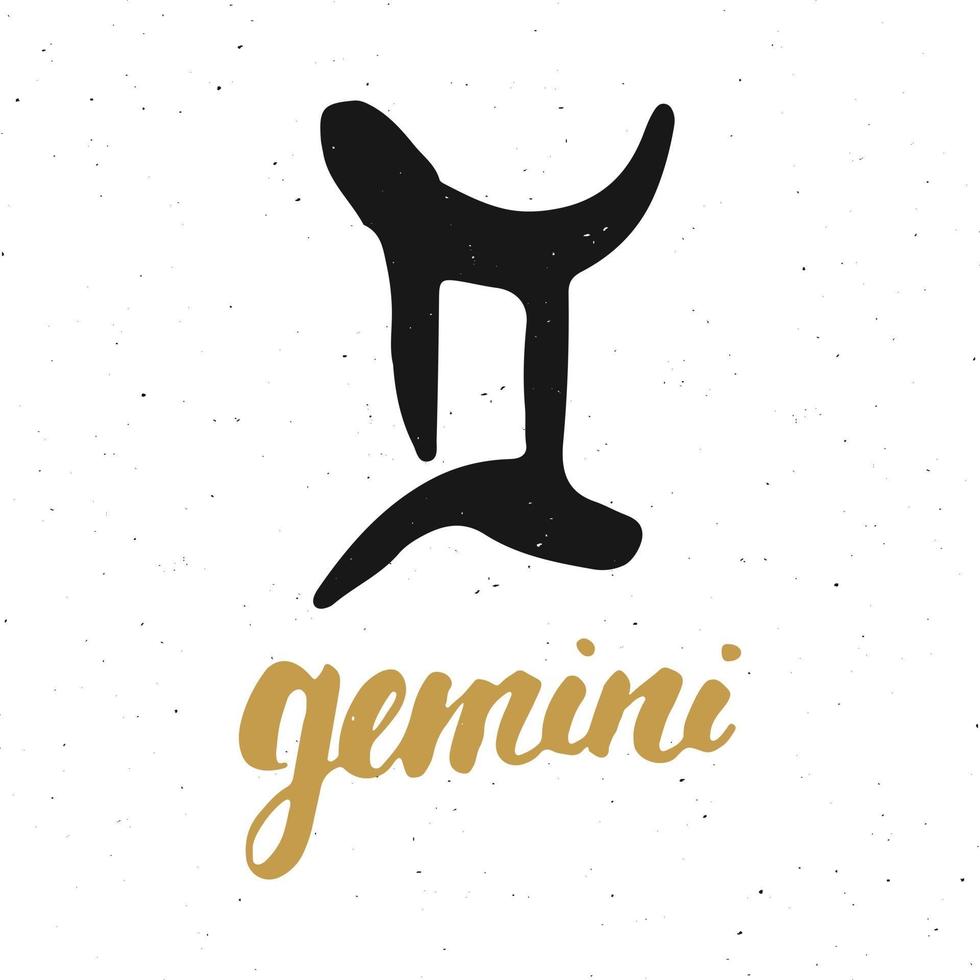 Signo del zodíaco Géminis y letras. Símbolo de astrología horóscopo dibujado a mano, diseño con textura grunge, tipografía impresa, ilustración vectorial vector