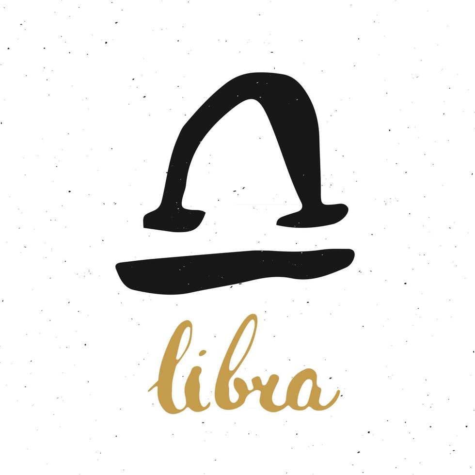 signo del zodíaco libra y letras. Símbolo de astrología horóscopo dibujado a mano, diseño con textura grunge, tipografía impresa, ilustración vectorial vector