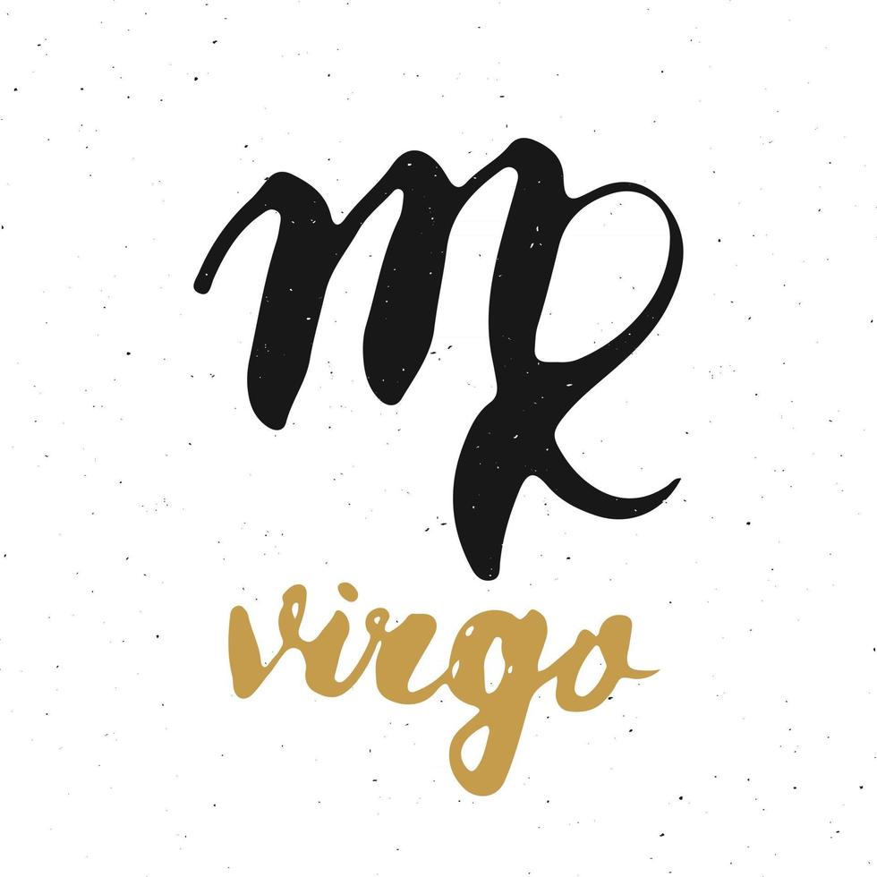 signo del zodíaco virgo y letras. Símbolo de astrología horóscopo dibujado a mano, diseño con textura grunge, tipografía impresa, ilustración vectorial vector