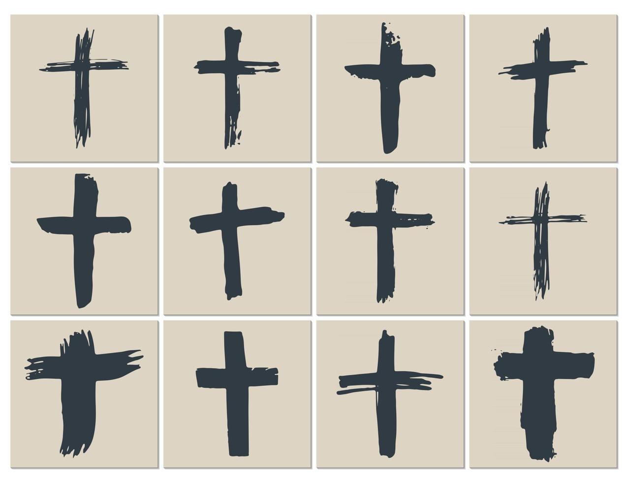 Conjunto de símbolos cruzados dibujados a mano de grunge. cruces cristianas, iconos de signos religiosos, ilustración de vector de símbolo de crucifijo.