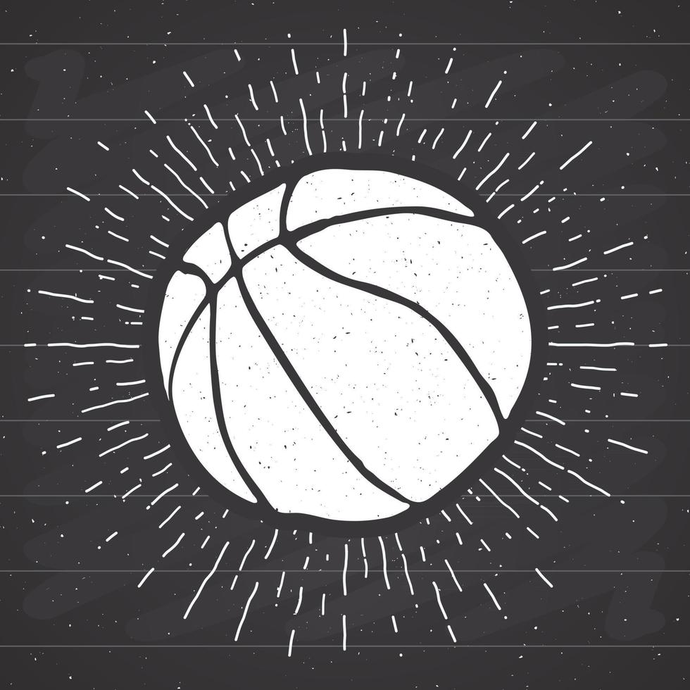 etiqueta vintage, boceto de pelota de baloncesto dibujado a mano, insignia retro con textura grunge, impresión de camiseta de diseño de tipografía, ilustración vectorial vector