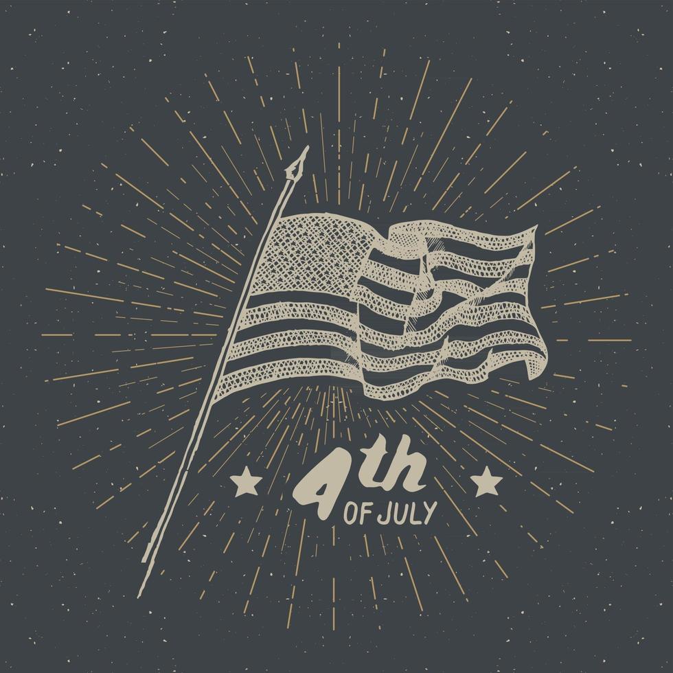 etiqueta vintage, bandera de Estados Unidos dibujada a mano, feliz día de la independencia, celebración del 4 de julio, tarjeta de felicitación, insignia retro con textura grunge, ilustración de vector de diseño de tipografía