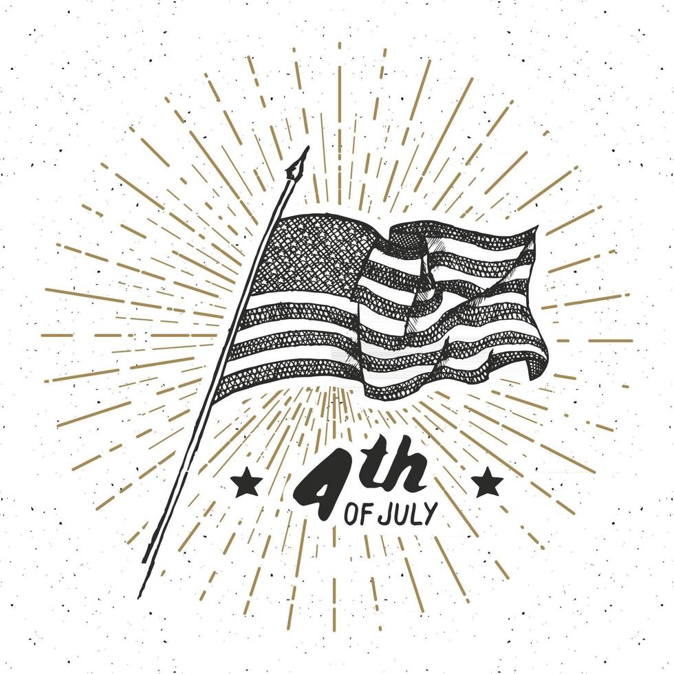 etiqueta vintage, bandera de Estados Unidos dibujada a mano, feliz día de la independencia, celebración del 4 de julio, tarjeta de felicitación, insignia retro con textura grunge, ilustración de vector de diseño de tipografía