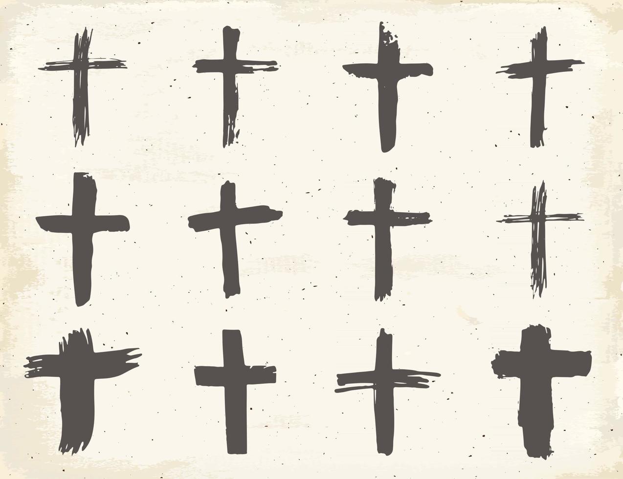 Grunge hand drawn cross symbols set. Christian crosses, religious signs icons, crucifix symbol vector illustration.