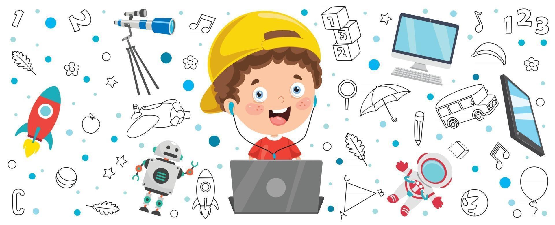 Banner With Little Kid Using Technology vector