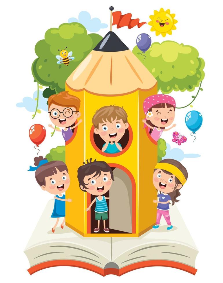 Cute Children Playing At Pencil House vector