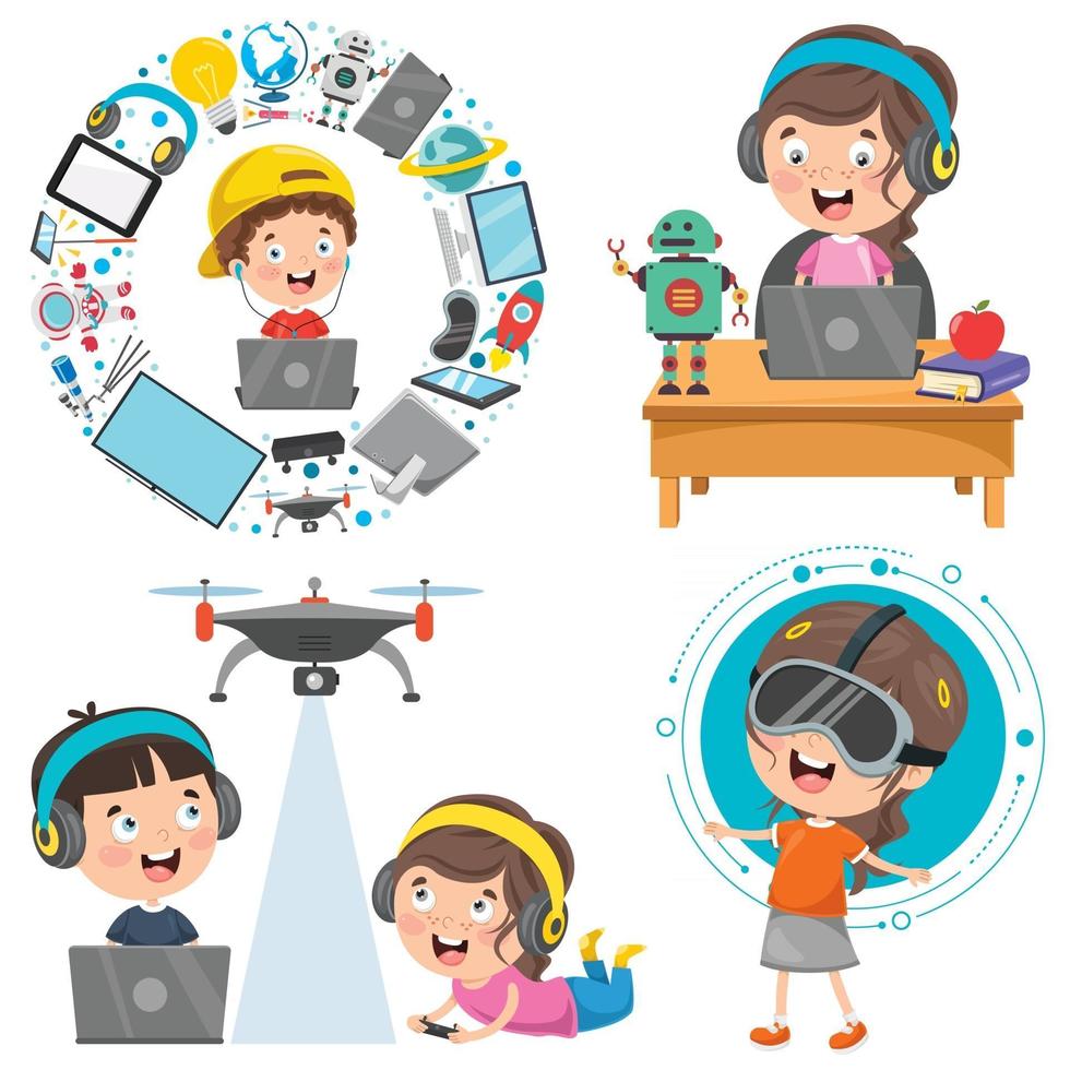 Little Children Using Technology Devices vector