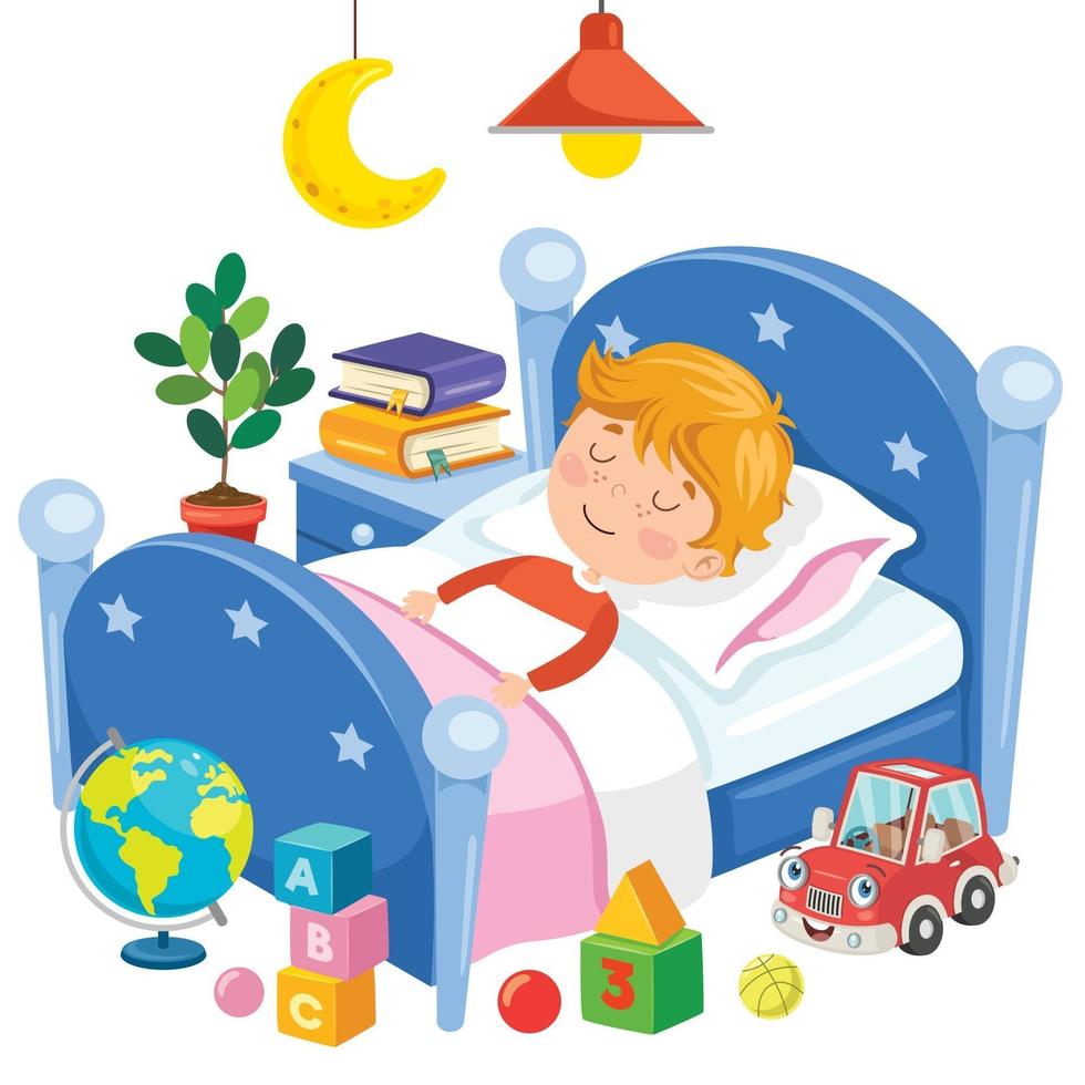 lindo niño durmiendo en la cama vector