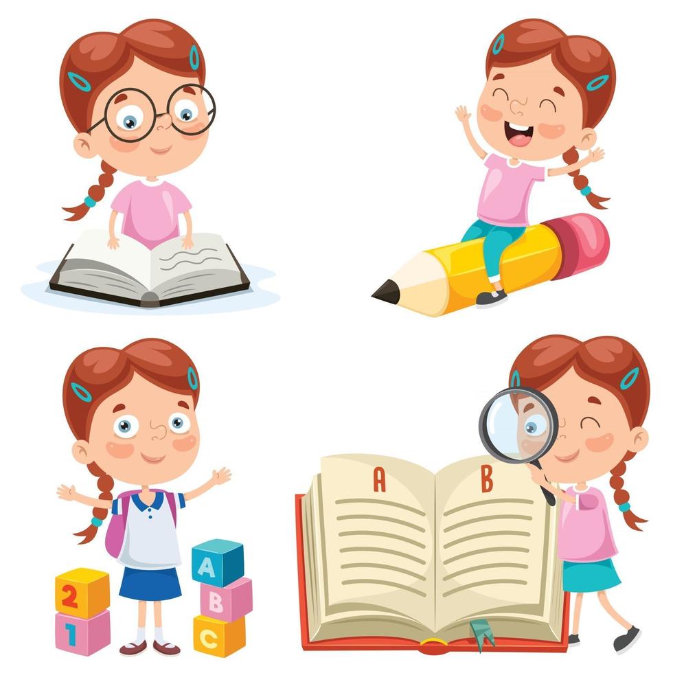 Little Student Studying And Reading vector
